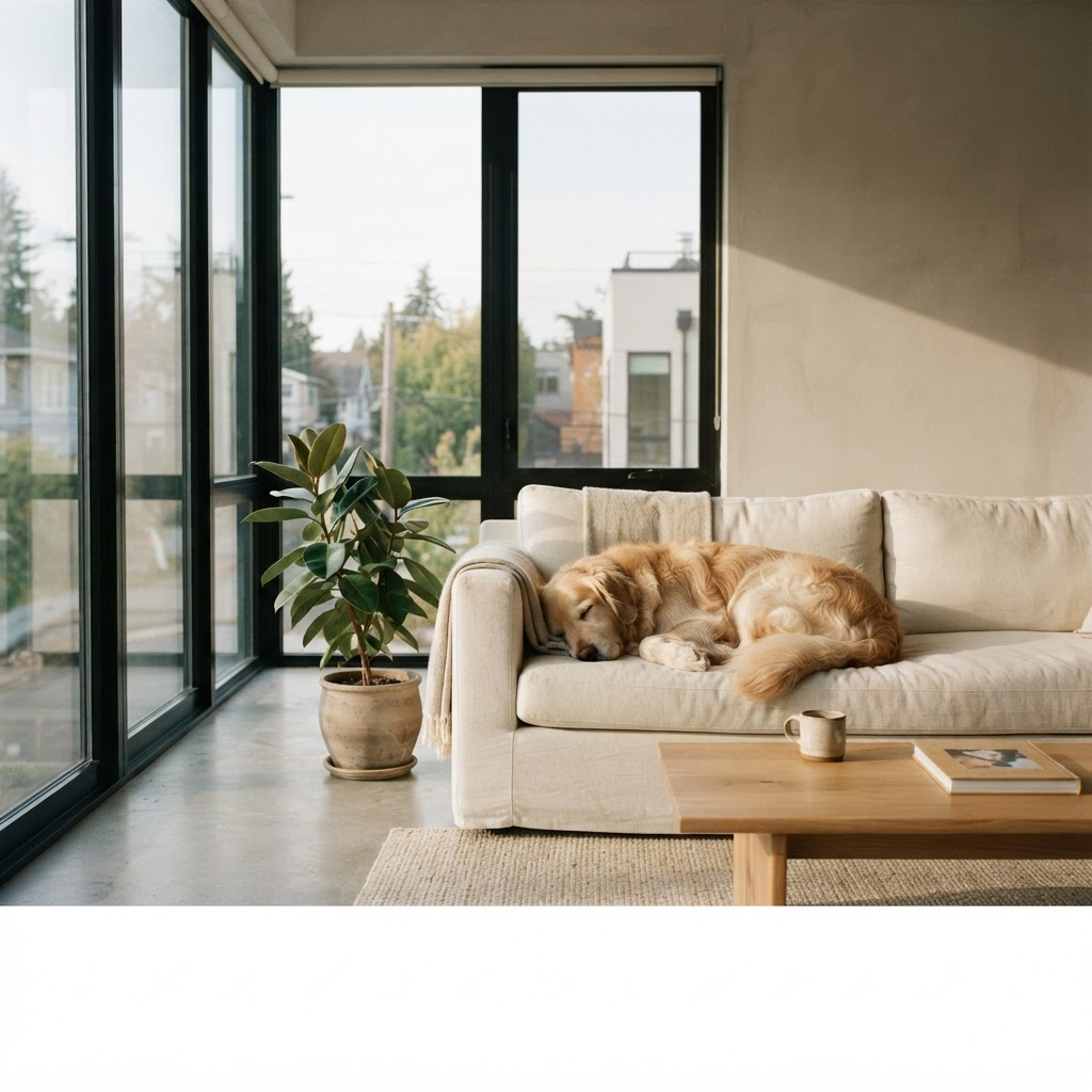 A golden retriever at rest in a silent, light-filled loft