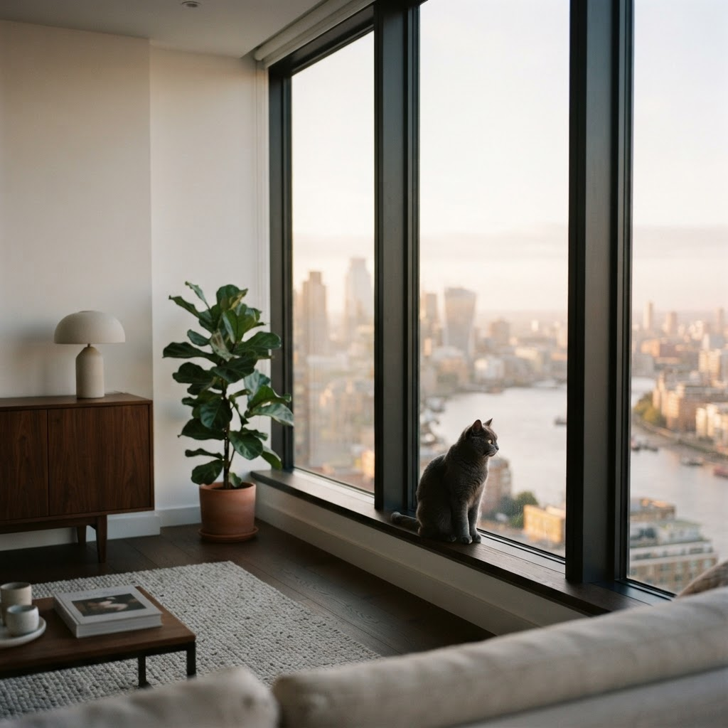 A grey cat resting in a floor-to-ceiling window overlooking the city