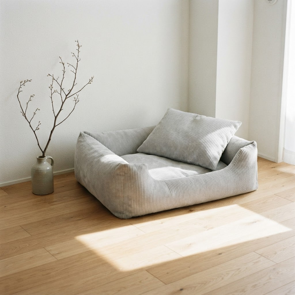 A corduroy dog bed with cushion in a quiet sunlit corner of a minimal apartment